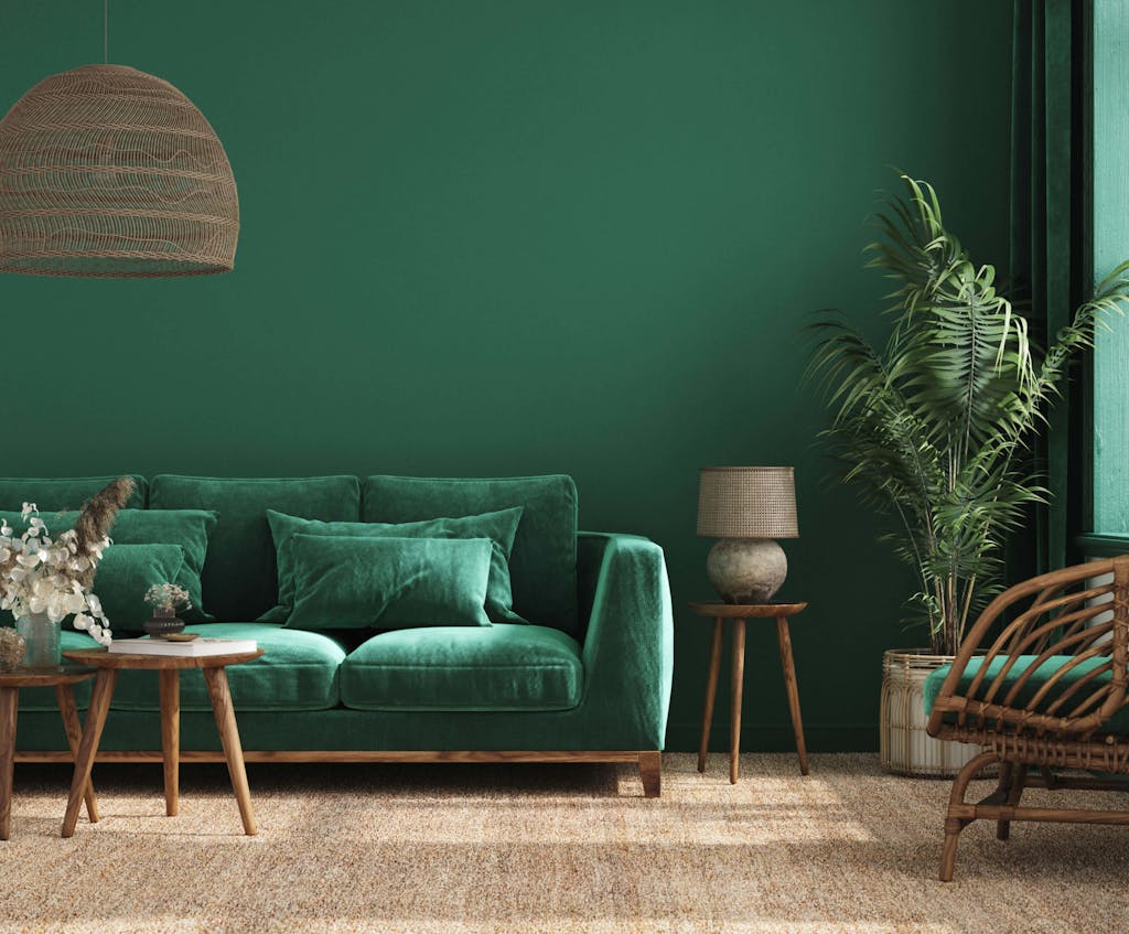 Grønn stue skandinavisk design innreding og interiør