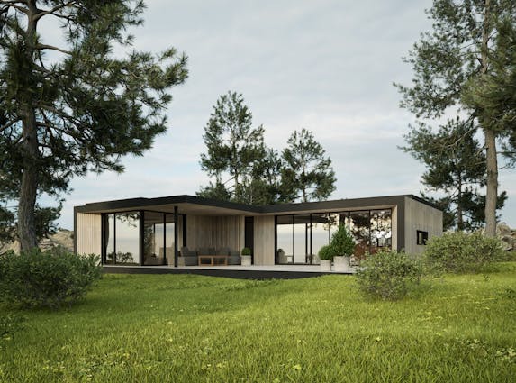 Den ultimate sommerhytta U‑3040 fasade med terrasse og store vinduer