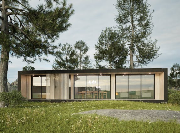 Unik funkishytte i ett med naturen – moderne fasade med store vinduer