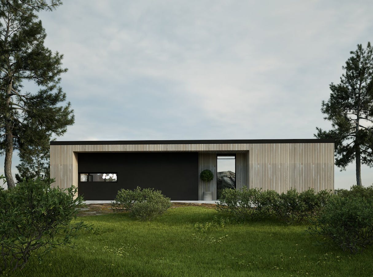 Plantegning U‑3040 – moderne sommerhytte med 2 soverom og åpen stue/kjøkkenløsning