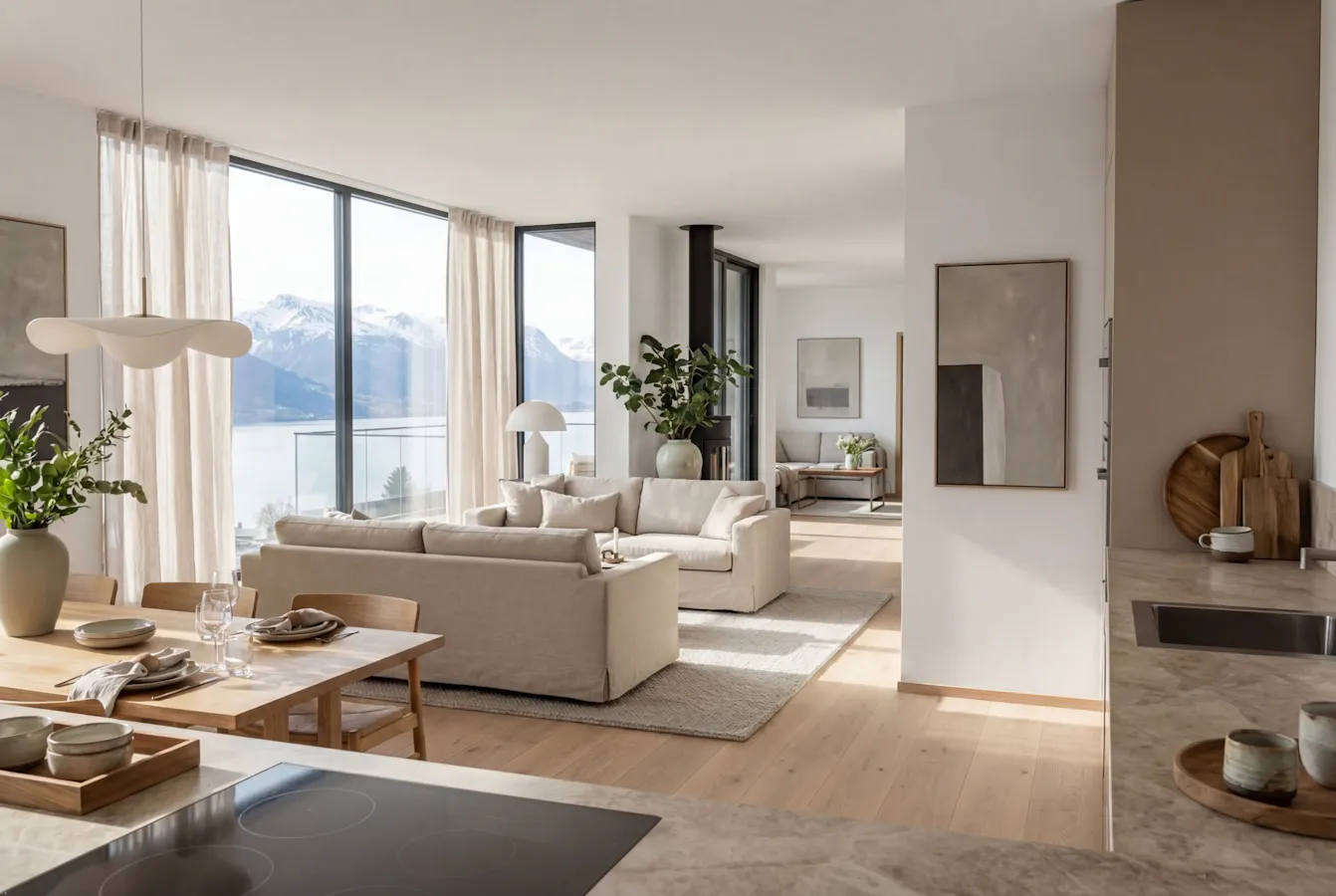 Elegant funkisbolig med store vindusflater, 3 soverom og ekstra stue.