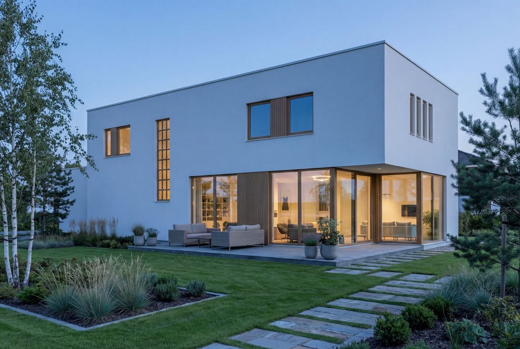 Funkishus moderne i kveldslys